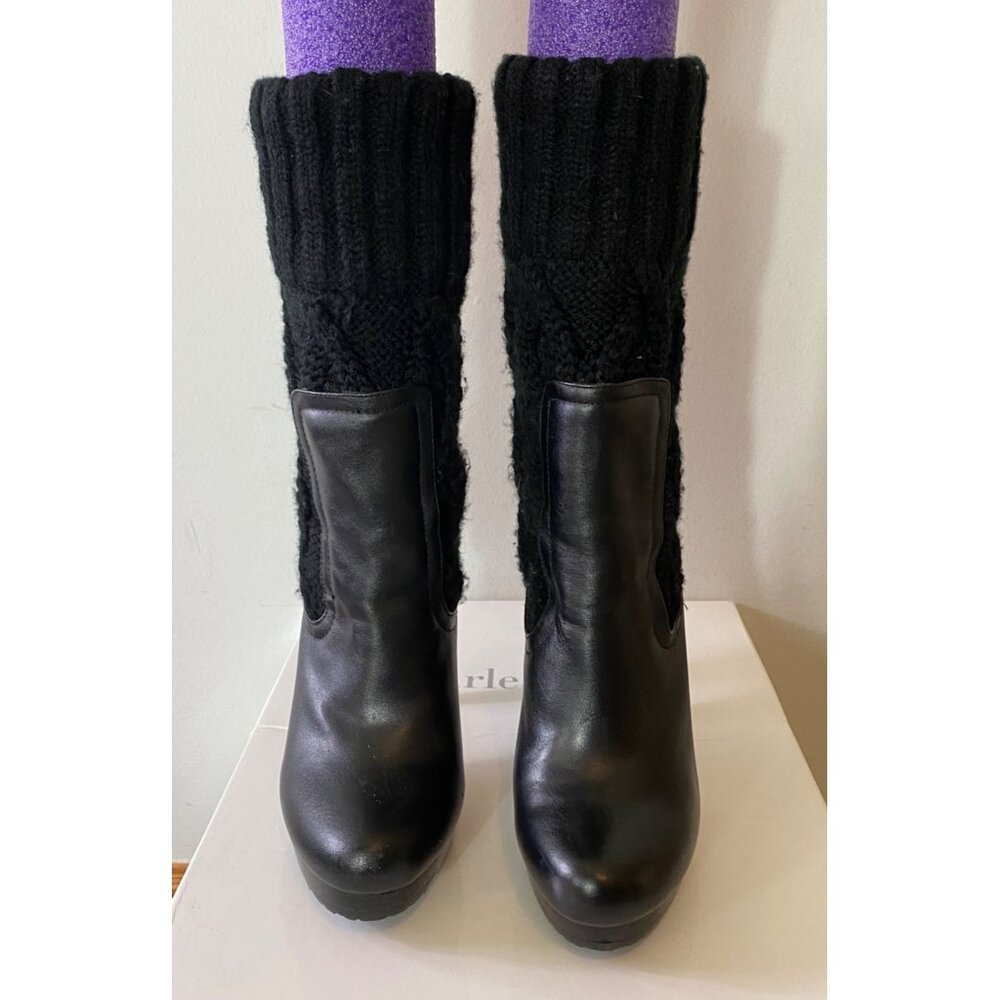 Charles David Black Leather & Knit Boots Stiletto Heels Size 7.5 - Picture 3 of 9